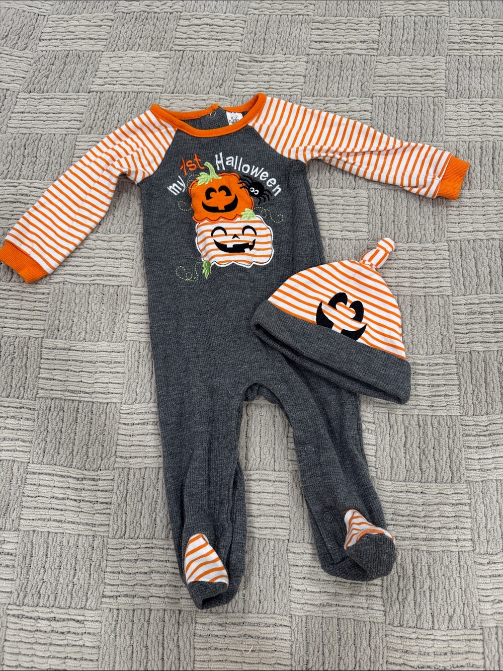Baby Essentials Gray & Orange Striped Pumpkin Footie with Hat